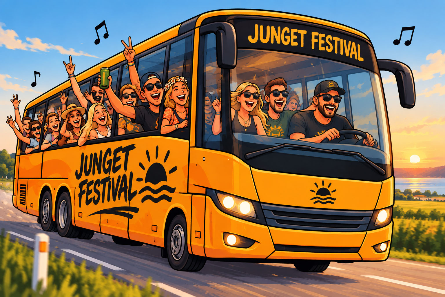 Bus til Junget Festival med glade festivalgæster